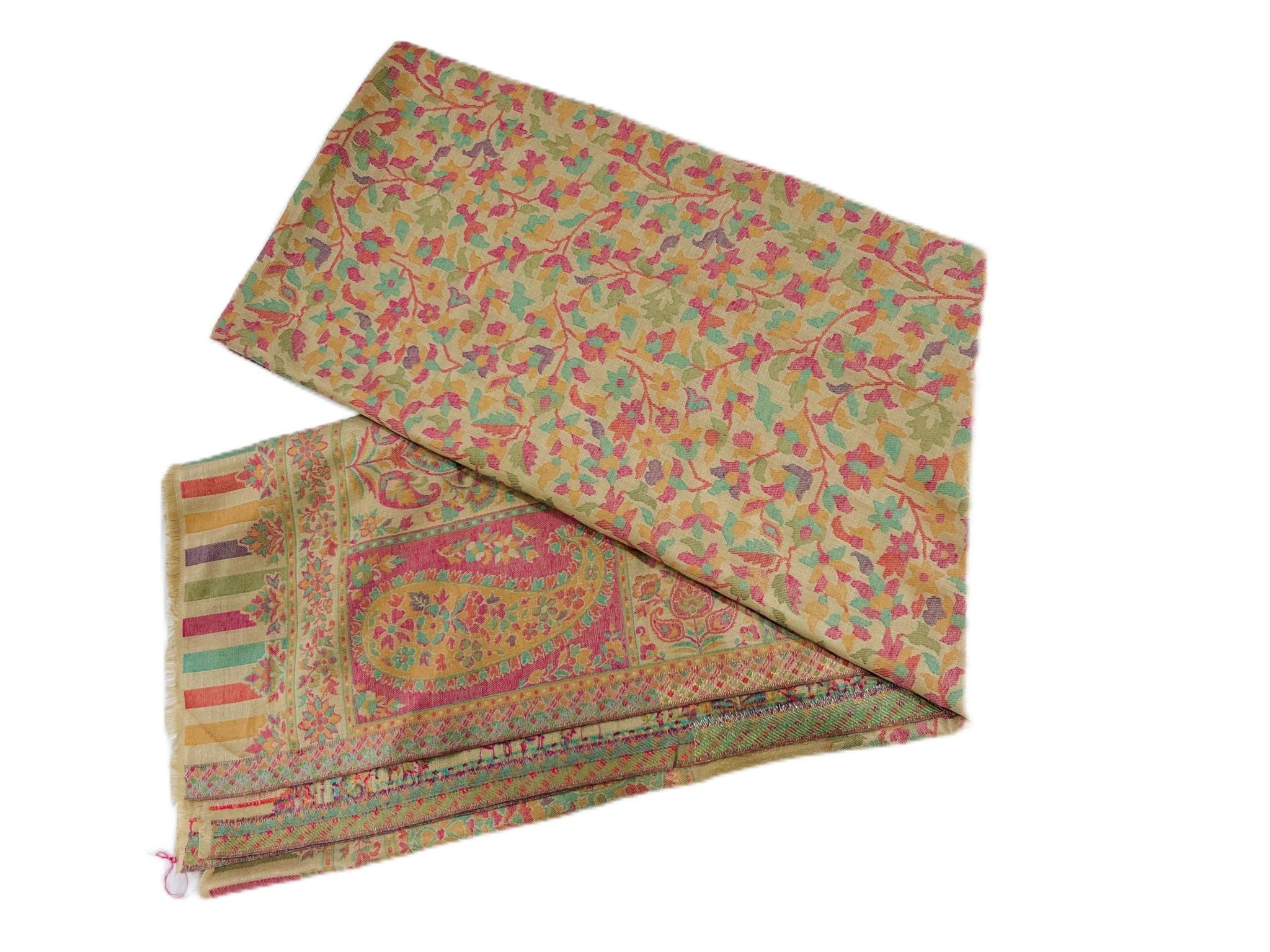 Elegant Kashmiri Shawl for Women � Soft Wool Blend with Golden Base & Multicolour Floral Weave | Traditional Ethnic Wrap & Stole