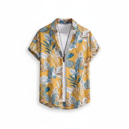 Yellow Tropical Leaf Print Half-Sleeve Casual Shirt