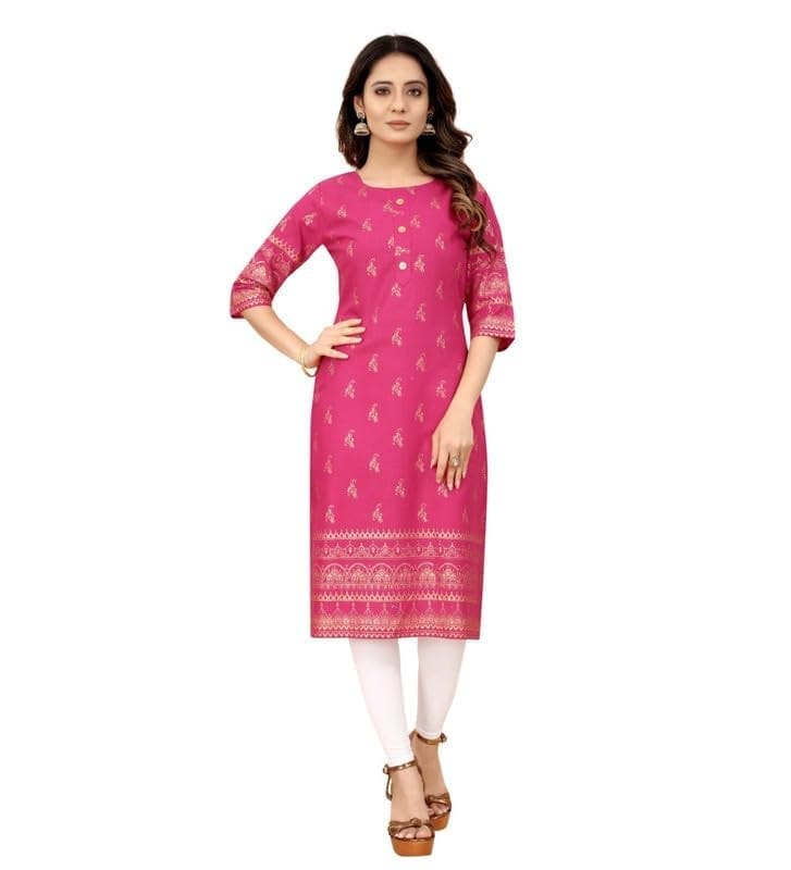 Women's Casual 3/4th Sleeve Foil Gold Printed Cotton Kurti (Pink, 2XL)-PID46155