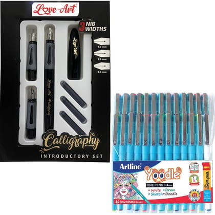 Love-Art Calligraphy Fountain Pen 3 Nibs Set with a Yoodle Pen Pack of 25 | For Calligraphy, Journaling, Writing, Sketching, Doodling and Drawing Love-Art Calligraphy Fountain Pen 3 Nibs Set with a Yoodle Pen Pack of 25 | For Calligraphy, Journaling, Writing, Sketching, Doodling and Drawing