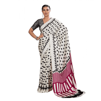 womens satin crepe printed saree with unstitched blouse 5.5mtr white pid65080