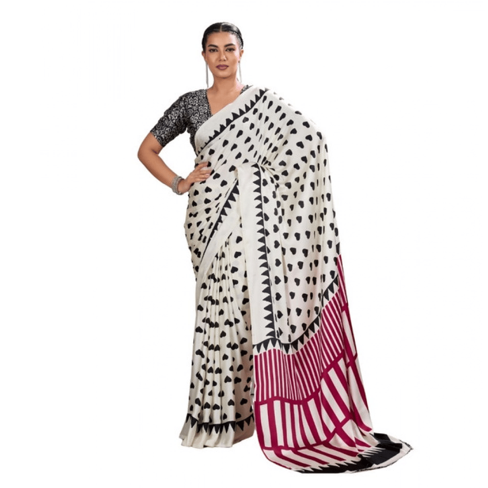 womens satin crepe printed saree with unstitched blouse 5.5mtr white pid65080