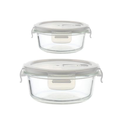 Femora Borosilicate Round Glass Food Storage Containerwith Air Vent Lid - 380 ML , 940 ML - Set of 2