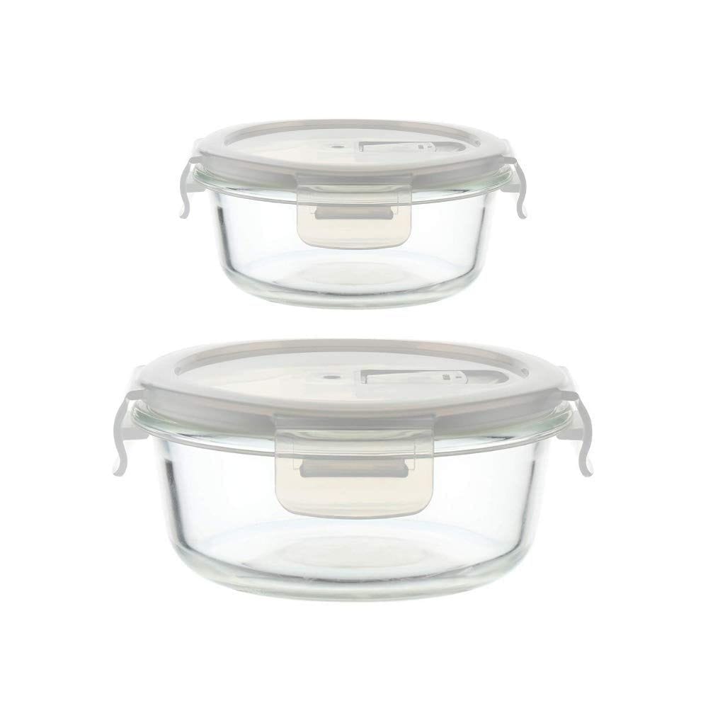 Femora Borosilicate Round Glass Food Storage Containerwith Air Vent Lid - 380 ML , 940 ML - Set of 2