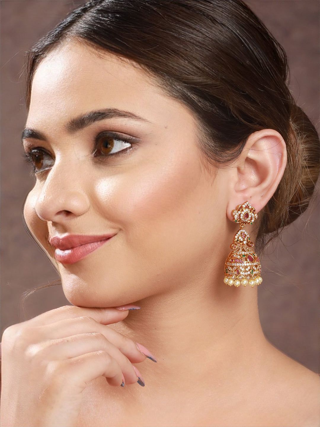 Gold Plated Multi Zircon Studded Pearl beaded Jhumka Earrings