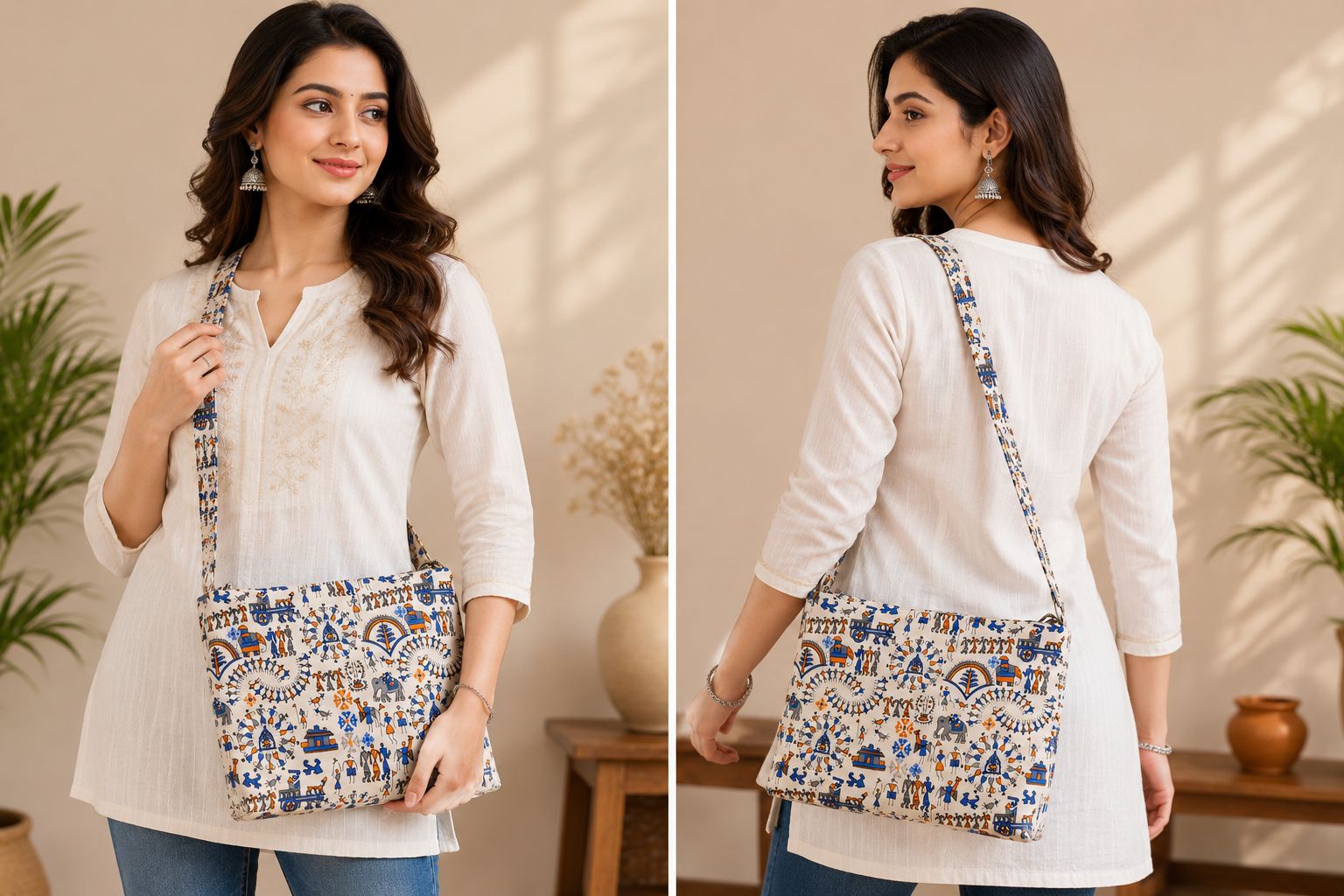 Handcrafted Warli Painted Sling Bag | Traditional Tribal Art Crossbody Bag