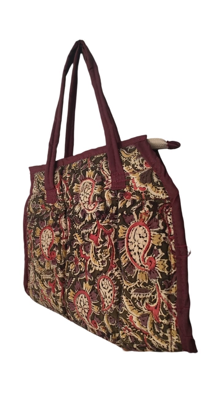 AP MEPMA KALANKARI BAGS Handcrafted Quilted Cotton Tote Bag with Floral Print and Zipper Closure