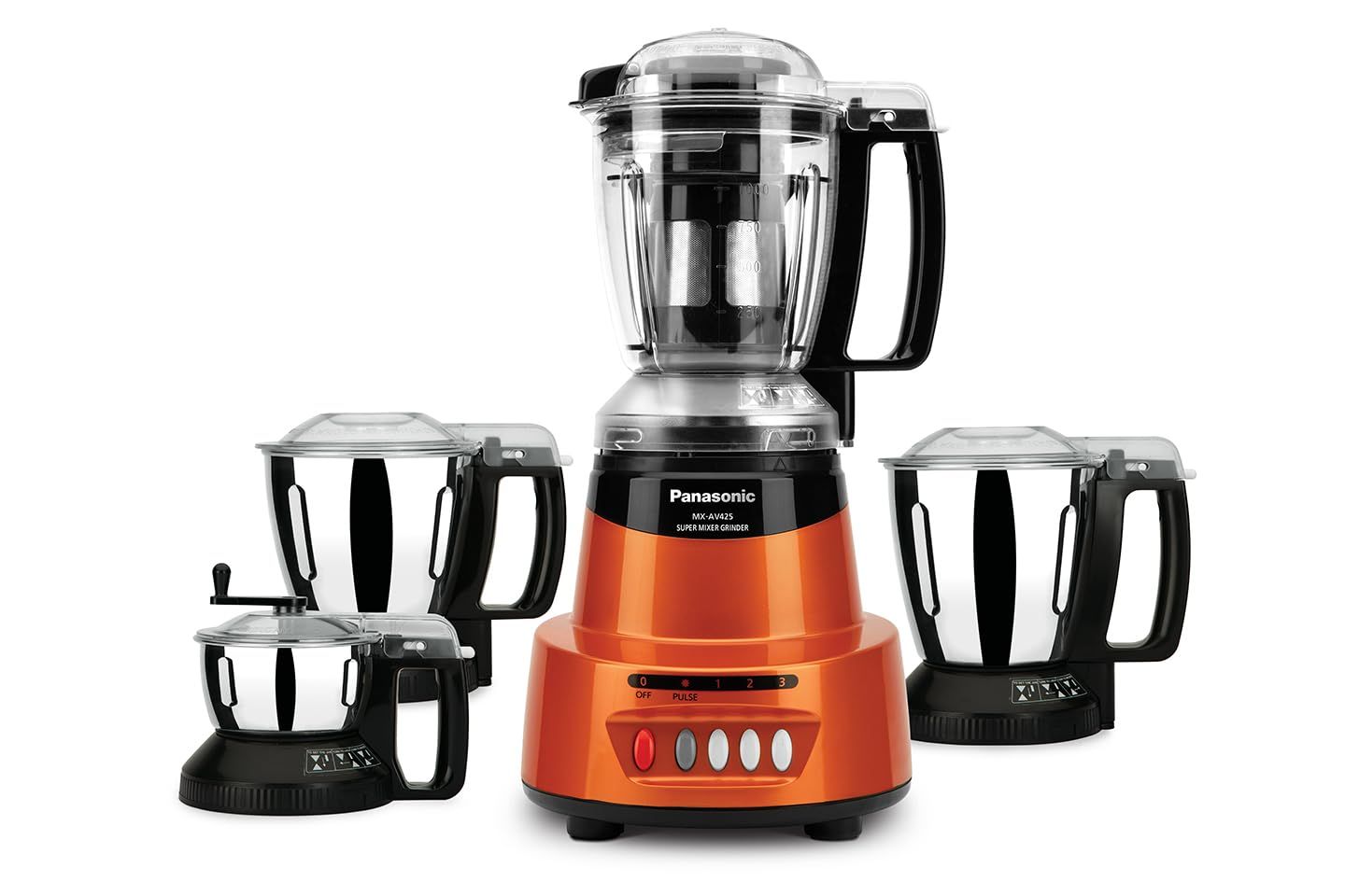 Panasonic Heavy Duty Mixer Grinder For Kitchen MX-AV425 (Sunstone Orange) Elements Series Powerful 1500W (MMLW) 4 Jar (Three-304 Stainless Steel & 1Juicer Extractor Jar) | 5 Years Motor Warranty Panasonic Heavy Duty Mixer Grinder For Kitchen MX-AV425 (Su
