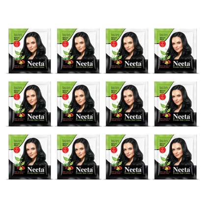 Neeta Powder Hair Colour Natural Black 5g Pack of 12, Henna Based Hair Color for Women Men, Enriched with Natural Herbs