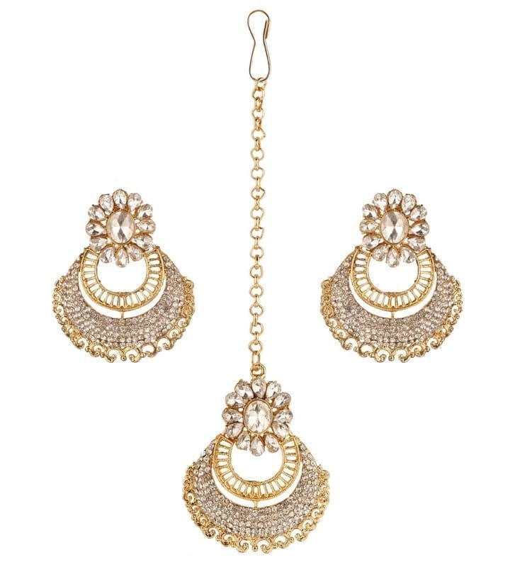 Generic Women's Rose Gold Plated Alloy Kundan Earrings & Mangtikka-PID47344