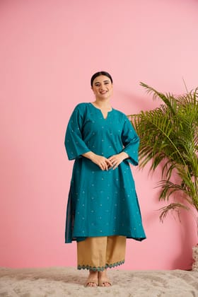 A Pristine Teal Blue Plus Size Handloom Cottonj kurtie Set