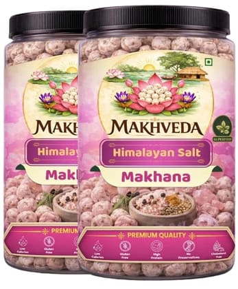 MAKHVEDA - Himalayan Pink Salt Makhana | Roasted Fox Nuts | Popped Lotus Seeds | Healthy Snack | Low Calorie, High Protein, Gluten Free | Light & Crunchy ( 80g x 2 Pack )
