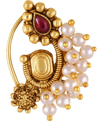 Vivastri Premium Gold Plated Nath Collection  With Beautiful & Luxurious Red Diamond Pearl Studded Maharashtraian  Nath For Women & Girls-VIVA1166NTH-Press