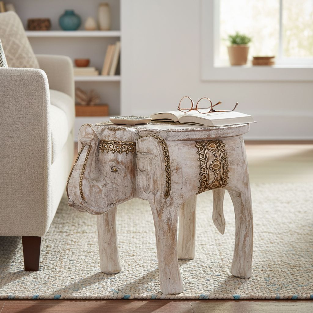 BAANMATA INTERNATIONAL Handicraft Showpiece Elephant Table,Wooden Distressed White Coffee Table Cum Coctail Table, Home Decors Lamp-Table