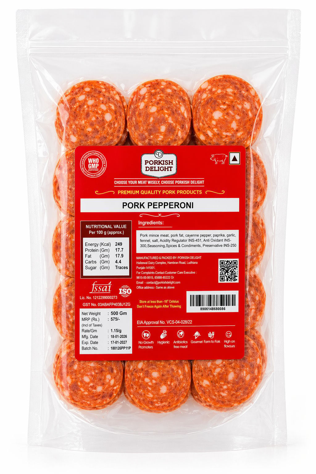 Porkish Delight Premium Pork Pepperoni, 500g