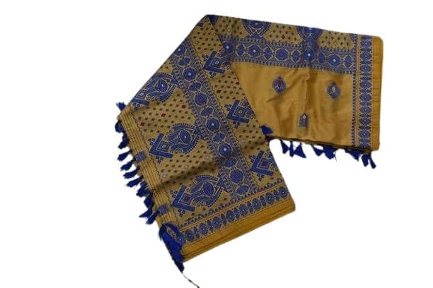 Traditional Silk Saree with Blouse, Yellow and Blue, Handloom Weave, Paisley and Geometric Motifs, Tassel Border