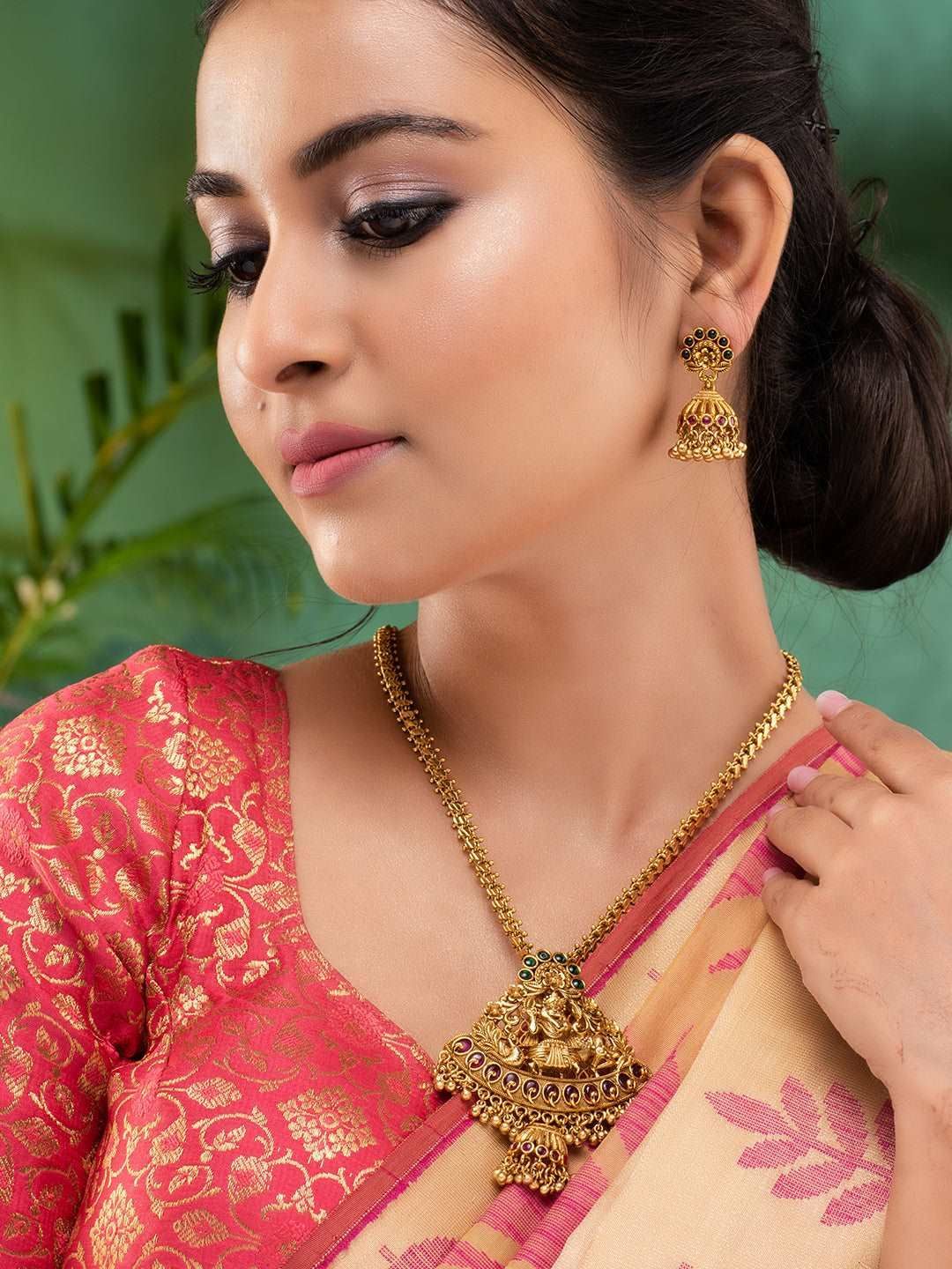 Gold Plated Green AD Embellished Pendant Temple Jewellery Set