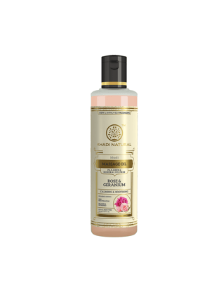 Khadi Natural Rose & Geranium Massage Oil Soothes Mind & Body without Mineral Oil - 210ml Khadi Natural Rose & Geranium Massage Oil Soothes Mind & Body without Mineral Oil - 210ml