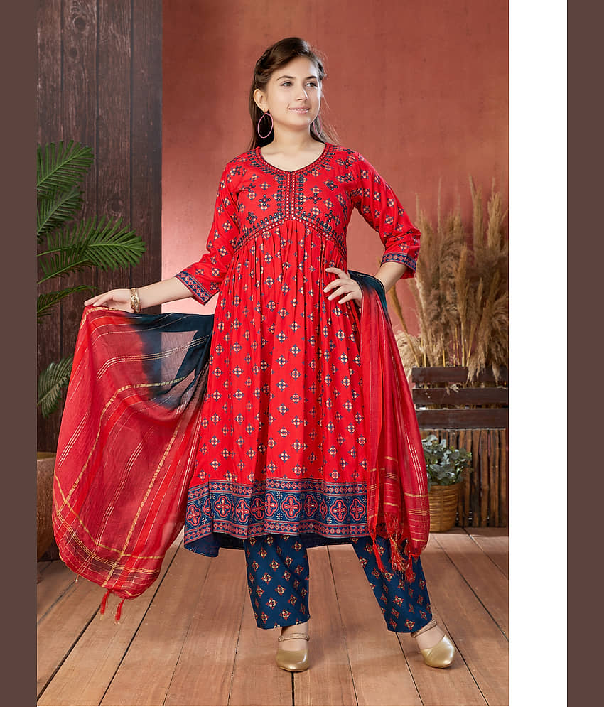 Aarika Girls Cotton Blend Kurta and Pant Set ( Pack of 1 , Red )