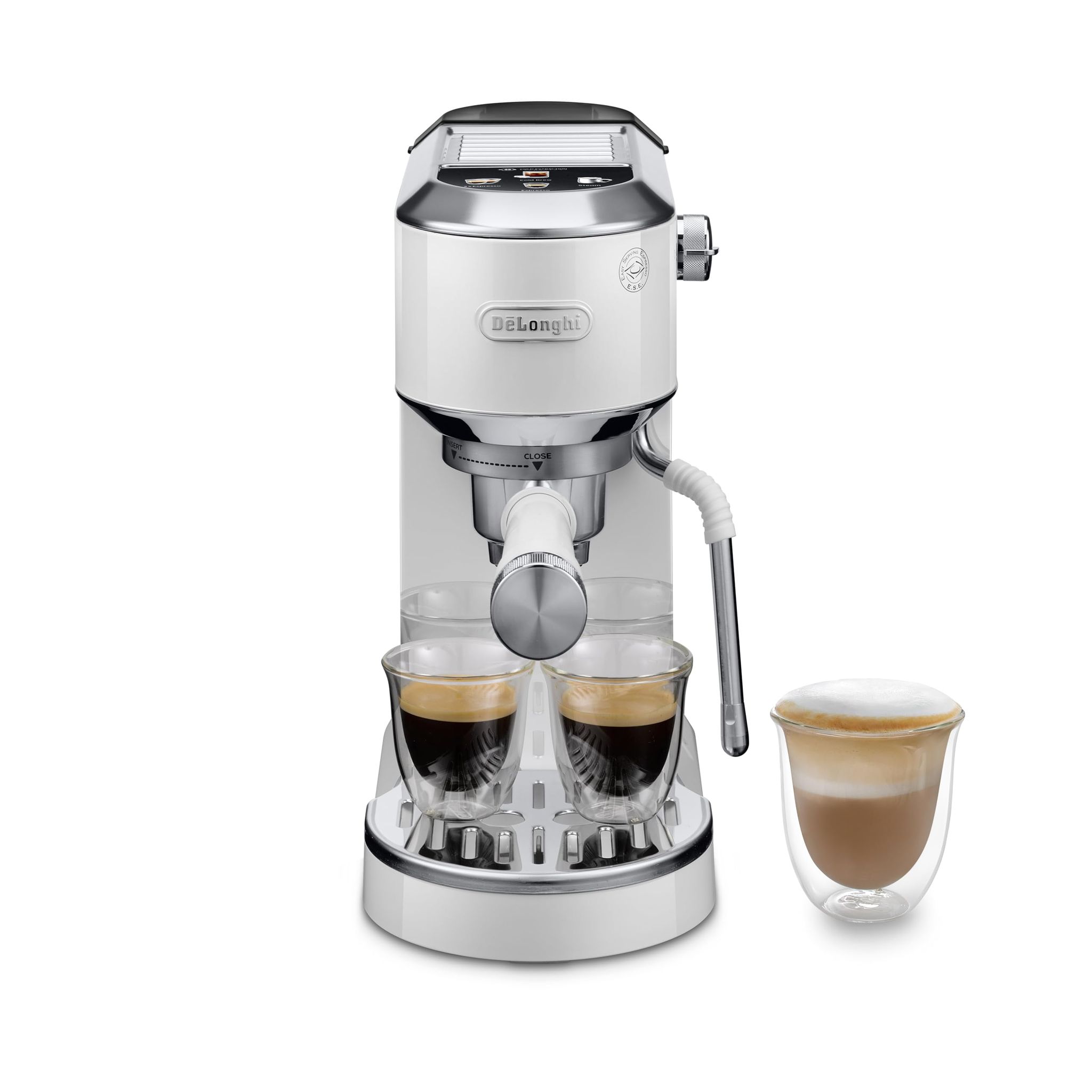 DeLonghi Dedica EC890 Compact Espresso machine - Stainless Steel Coffee Maker with Milk Frother Steam Wand- for Espresso, Cold brew, Hot and Iced Coffee, Cappuccinos, Latte and more (white) DeLonghi Dedica EC890 Compact Espresso machine - Stainless Steel