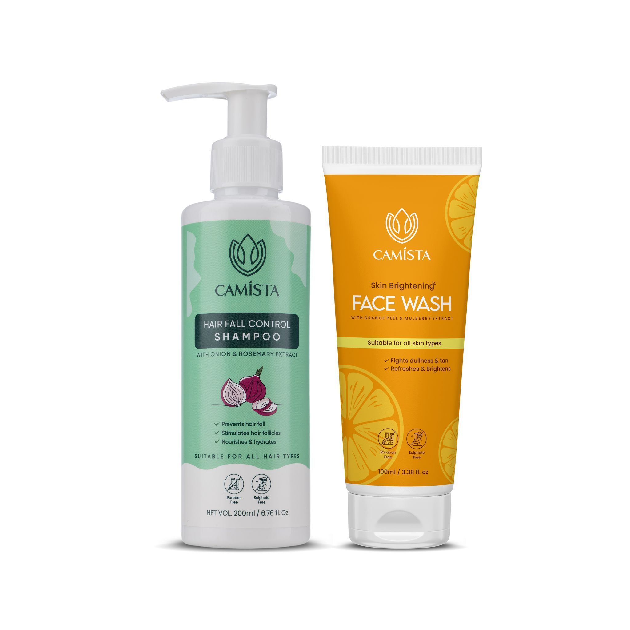 CAMISTA Hair Fall Control Shampoo with Onion & Rosemary Extract & Skin Brightening Face Wash with Orange Peel & Mulberry Extract- Pack of 2 - 300 Ml