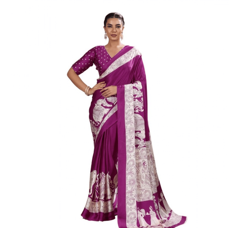 womens satin crepe printed saree with unstitched blouse 5mtr purple pid65073