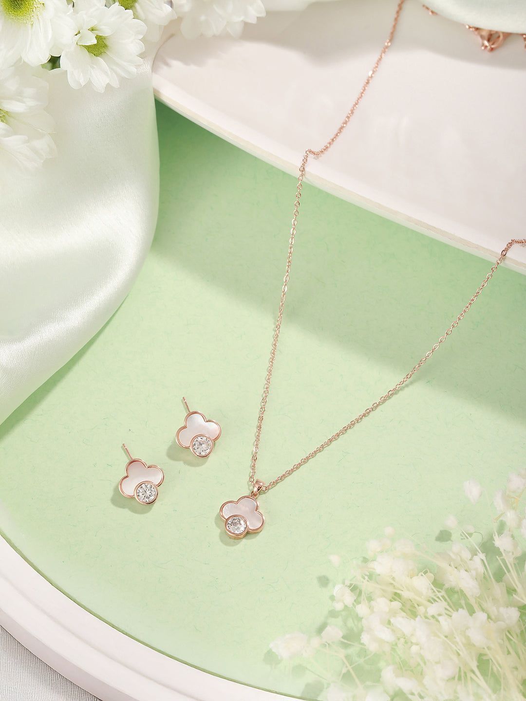 Anti-Tarnish Rose Gold Plated Faux Pearl & AD  Embellished Floral Pendant  ChainJewellery Set