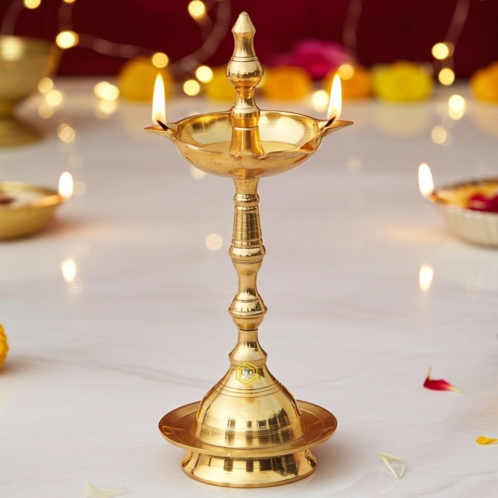 Brass Kerala Fancy Deepak, Oil Lamp No. 6  - Traditional Deepak for Mandir, Height : 8.8 Inch (FMAS642 R)