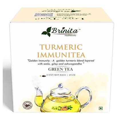 Brinita Turmeric ImmunTea | 10 Pyramid Tea Bags | Green Tea with Turmeric, Giloy, Ashwagandha, Moringa, Tulsi, Amla, Ginger & Clove | Immunity Booster, Anti-Inflammatory & Antioxidant | 20g