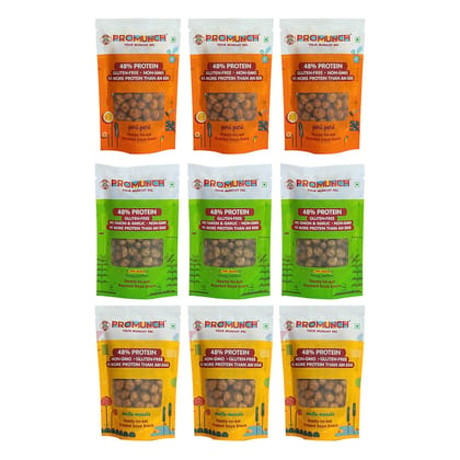 PROMUNCH Travel Combo Pack (Tangy Pudina x 3 ,Peri Peri x 3,Noodle Masala x 3) 30gm x 9