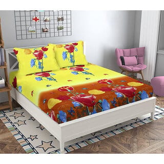 Black Bee  Red  Yellow Tulip 3D Print Double Bedsheet With 2 Pillow Covers (208 X 213 Cm)(Bs20-04)