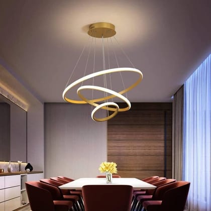 SPARKWORLD Modern Spiral Ring LED Chandelier | Gold Finish 3-Tier Hanging Light for Dining Room, Living Room & Hotels | Colour: RIng Jhumar Gold