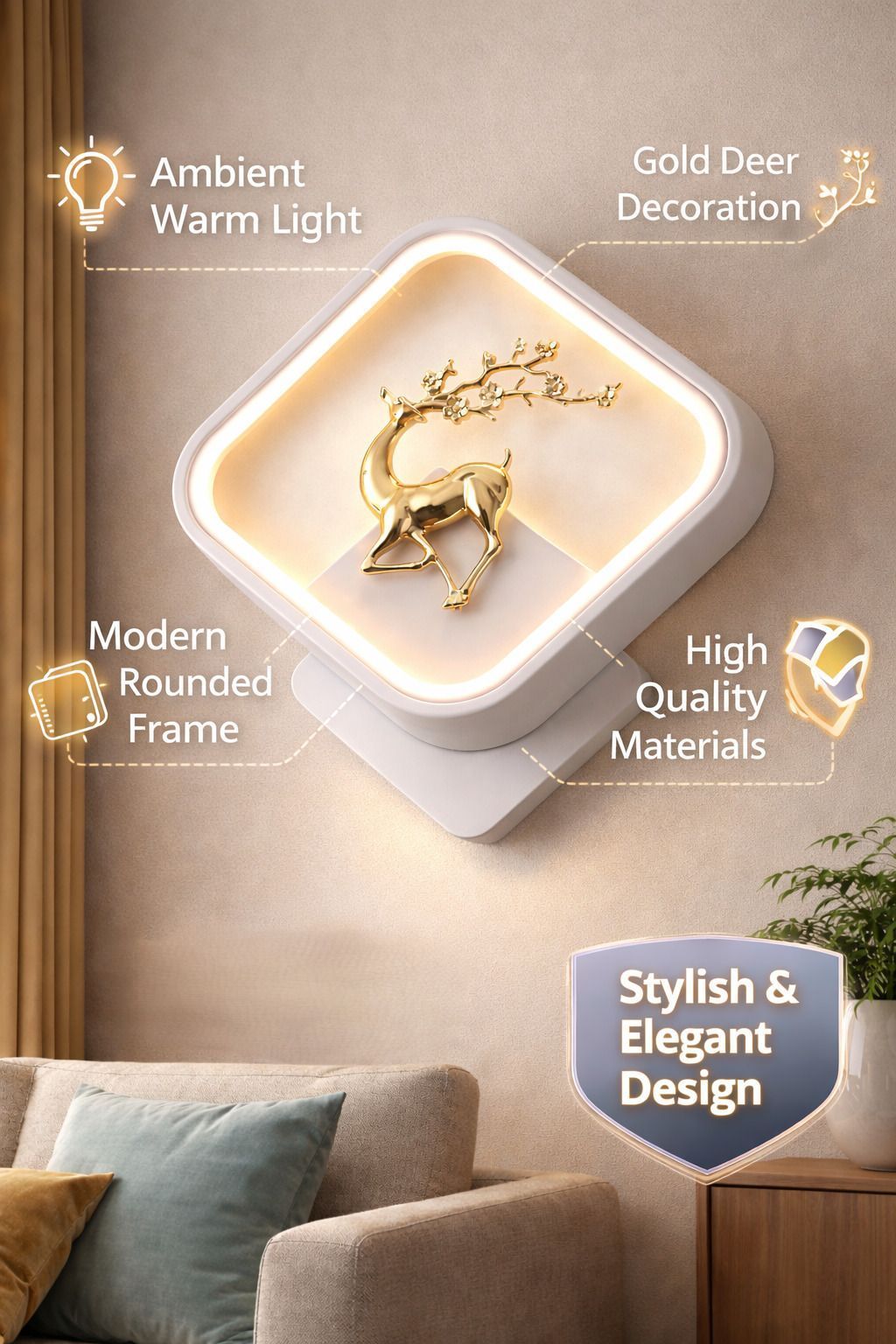 SPARKWORLD Decorative LED Dancing Deer Square Wall Light Warm White | Artistic Acrylic Panel | Modern Home Decor Light | Pack of 1 | Size: 19X4.5 cm | Colour: Square Reindeer (White)