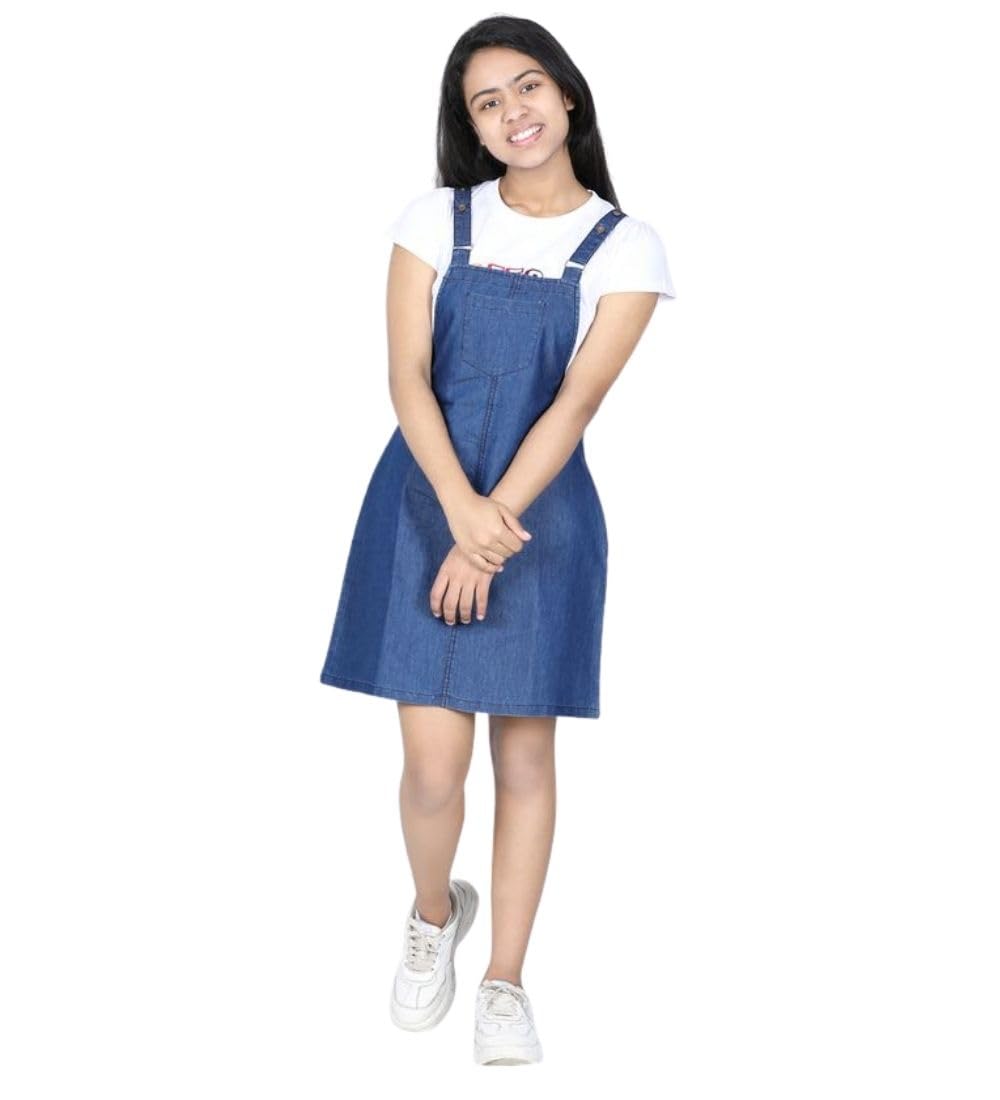 Girl's Denim Solid Sleeveless Dress (Blue, 9-10-Yrs)-PID66040