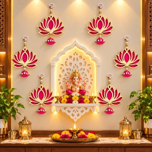 Handmade Wall Decor with Jhumki Style | Set of 6 Pink/Rani | Export Quality Lotus Hanging for Home, Temple & Pooja