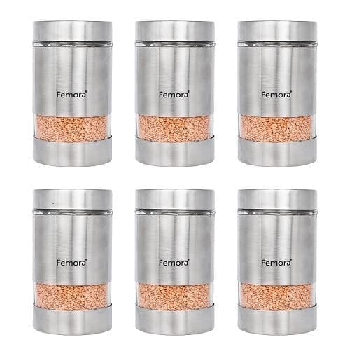 Femora Metallic Clear Glass Kitchen Storage Jars, 1000 ml, Set of 6, Free Replacement of Lids