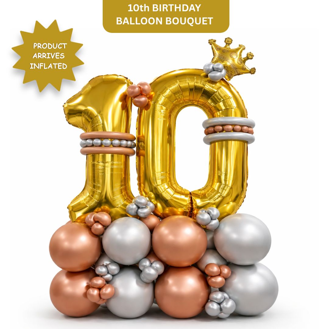 Signature Number 10 Large Golden Balloon Bouquet Arrangement with Small Crown & Silver, Rosegold Latex Balloons