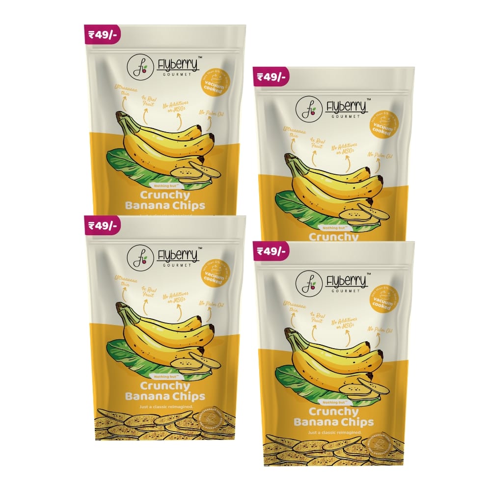 Flyberry Gourmet Vacuum Cooked Banana Chips 100g(Pack of 4, 25g each) - No Palm Oil, Less than 6% Rice Bran Oil, Healthy Snacking with High Nutrient Content, No Added Preservatives
