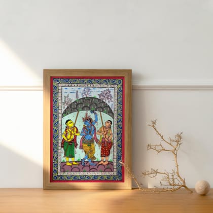 Patta Painting of Lord Krishna Lifting Up The Govardhan Hill