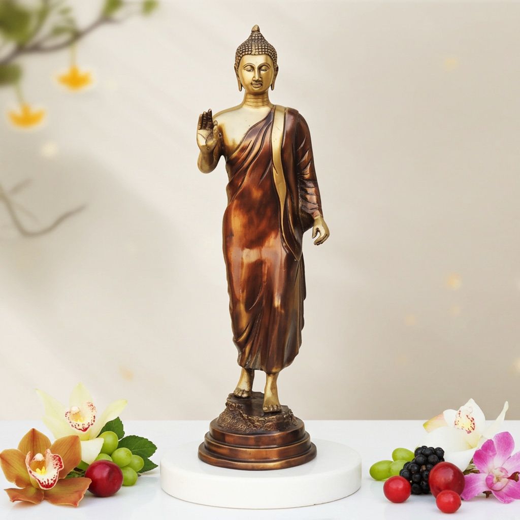 Brass Standing Buddha Idol - Blessing Pose Meditation Statue, Height : 25.8 Inch (BSMAS695 A)