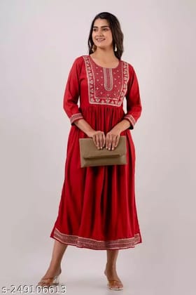 Women Rayon Embroidery Kurti (Maroon)