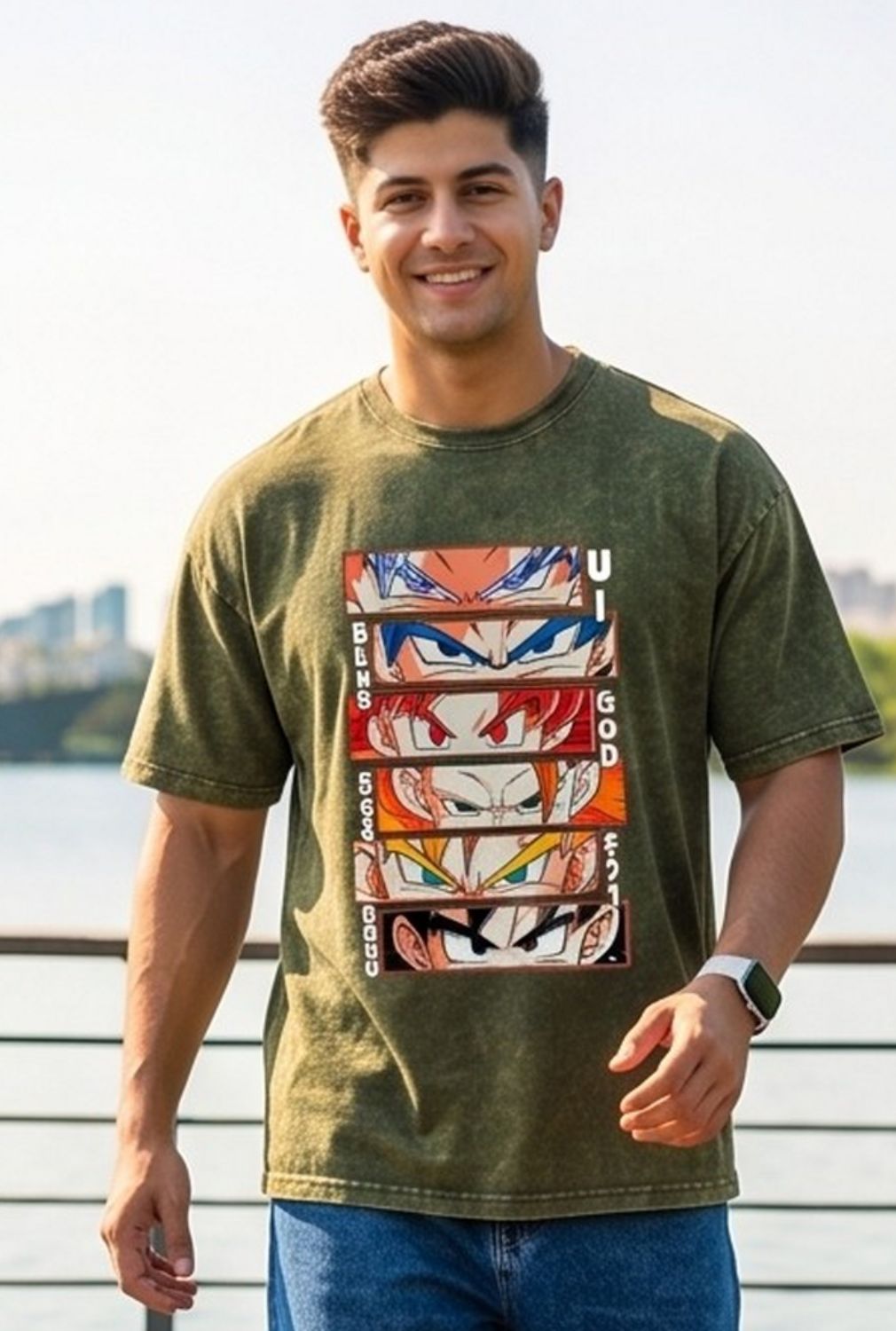 Hue Nox Men's Olive Big Anime Eyes Graphic Oversized T-Shirt