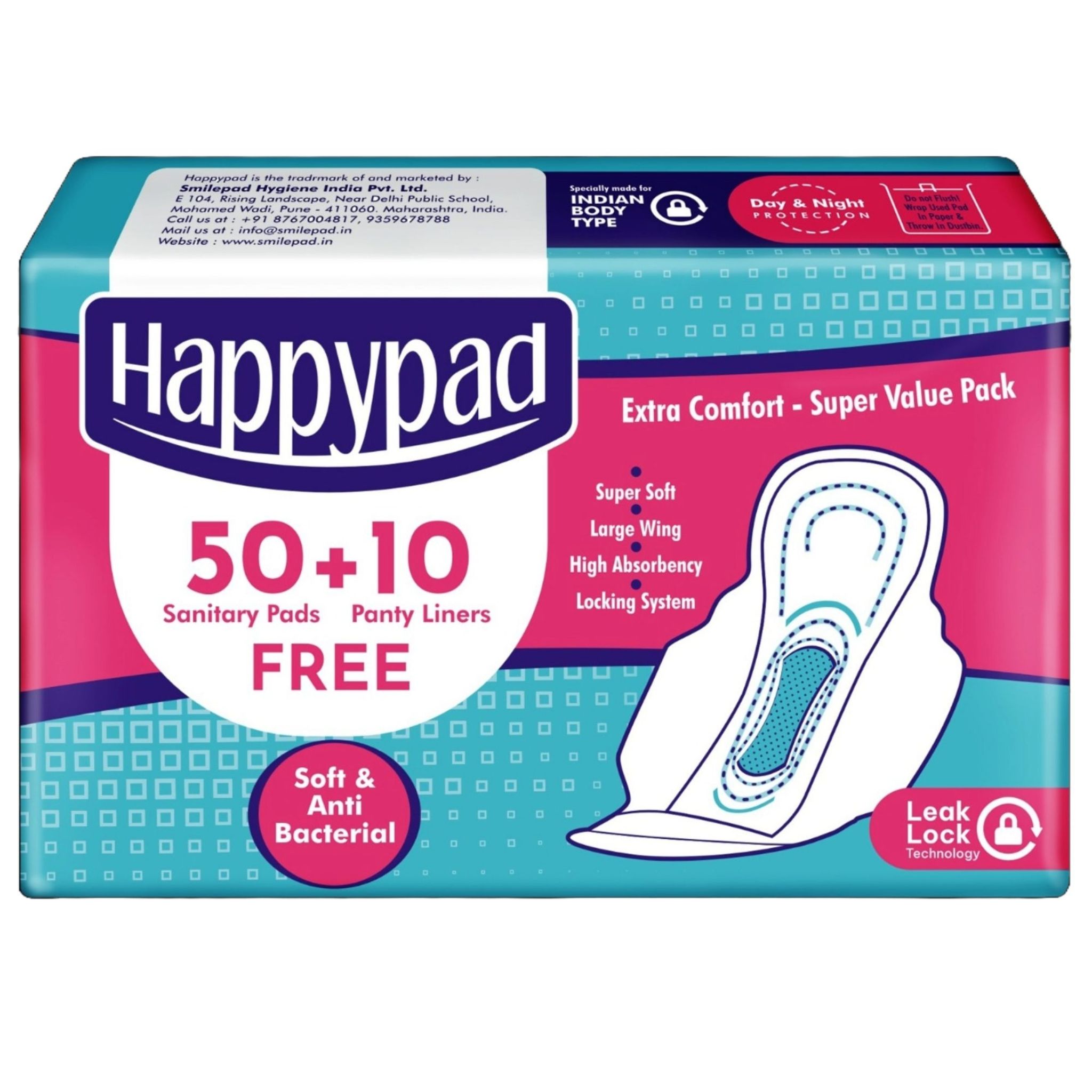 Happypad Ultra Thin Sanitary Napkins for Women XL, 50 Pads + 10 Panty Liners Combo Pack | Sanitary Pads for Heavy Bleeding (60 pcs Pack)