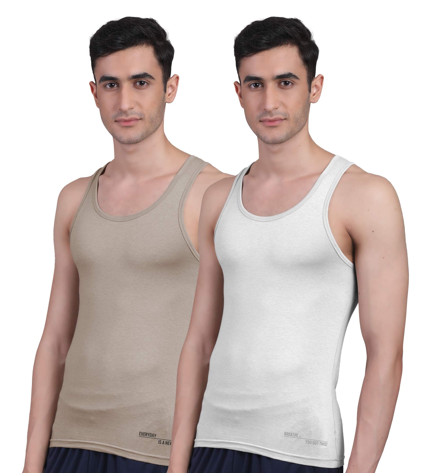 Freecultr Vest for Men | Bamboo Sleeveless, Super Soft Round Neck Gym Comfort Vest | Workout Regular Fit Innerwear | Breathable Sando with Long Hemline  Pack of 2-Beach Sand,White