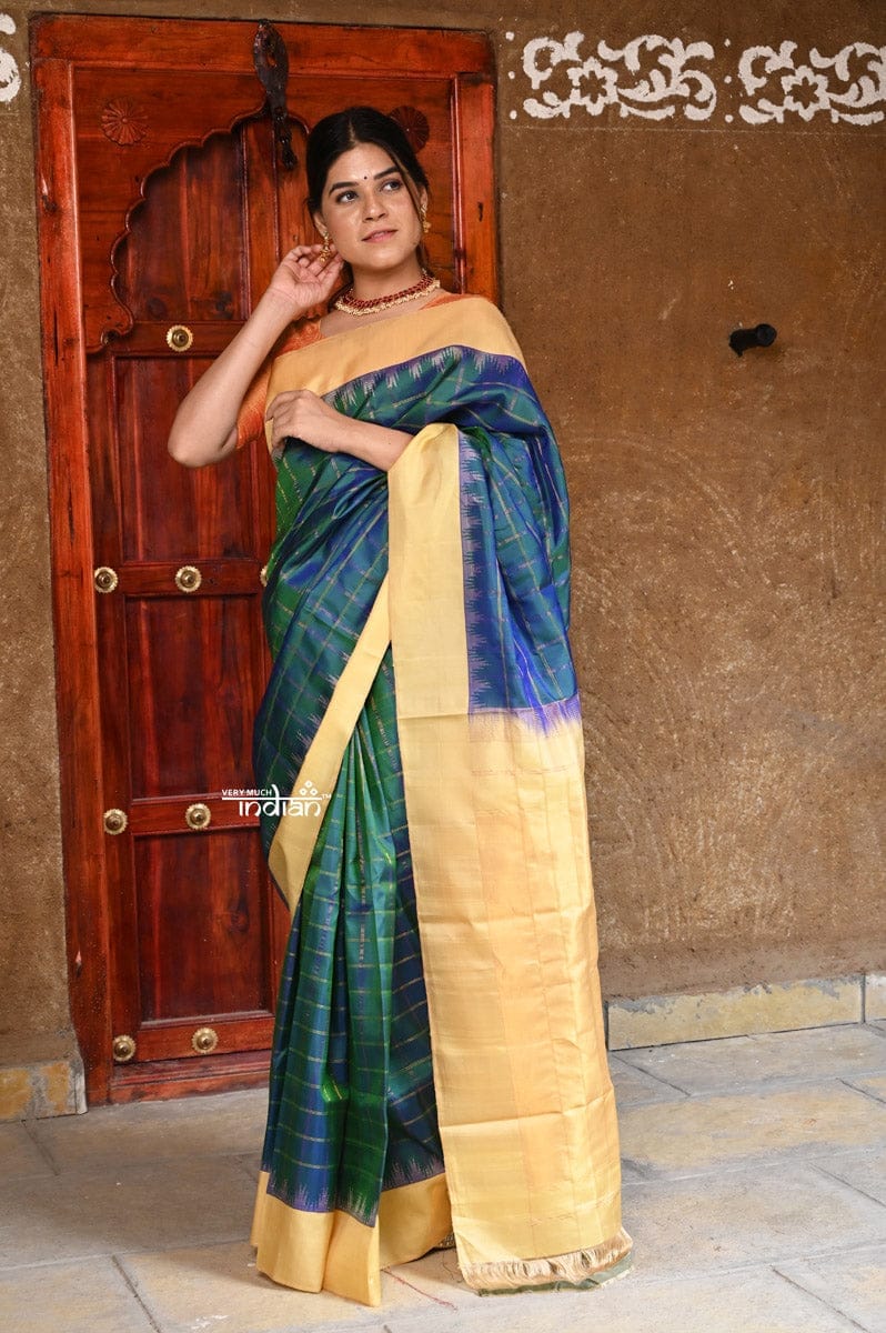 Kala ~ Gadwal Pure Silk Traditional Handloom Saree - Dual Tone Blue Checks with a Offwhite Border, Authentic Pure Silk