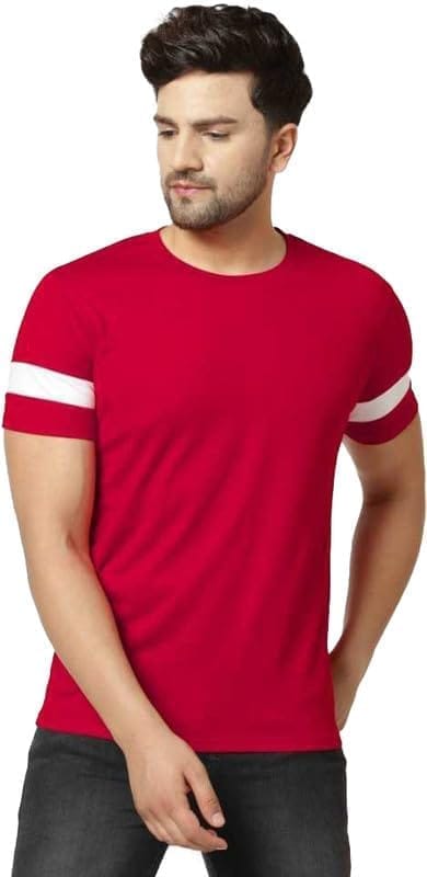 Men's Casual Solid Cotton Blend Round Neck T-Shirt (Red, L)-PID47798