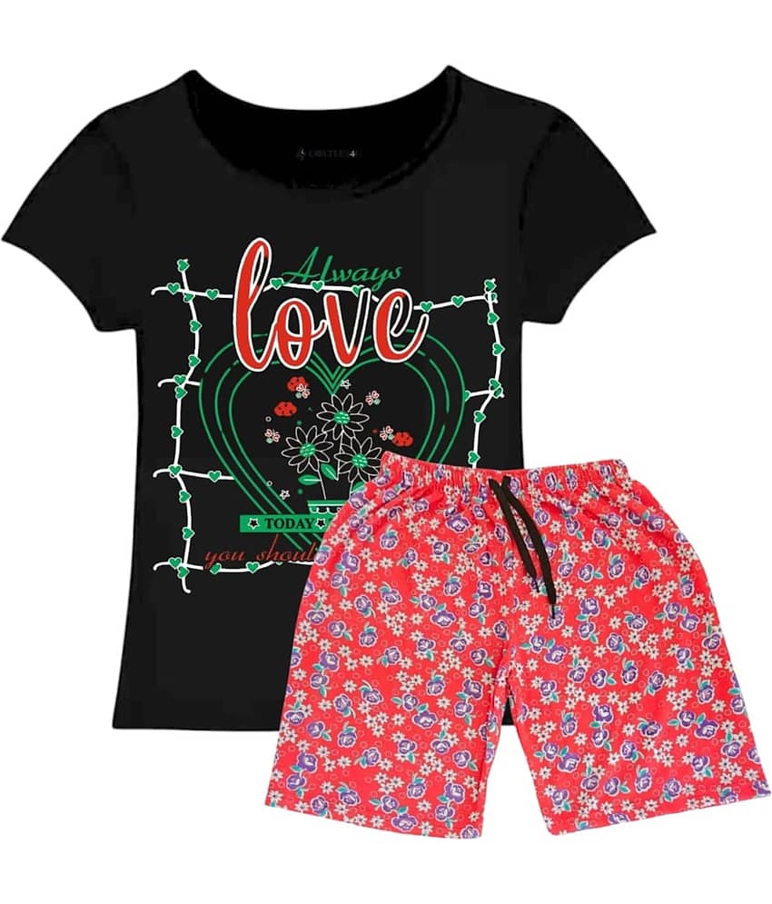 COOLTEES4U Pack of 1 Girls 100% Cotton T-shirt & Shorts ( Black )