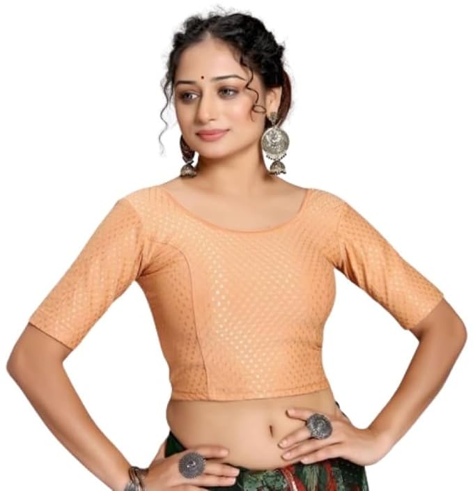 Round Neck Dobby Cotton Lycra Stretchable Short Sleeve Readymade Saree Blouse