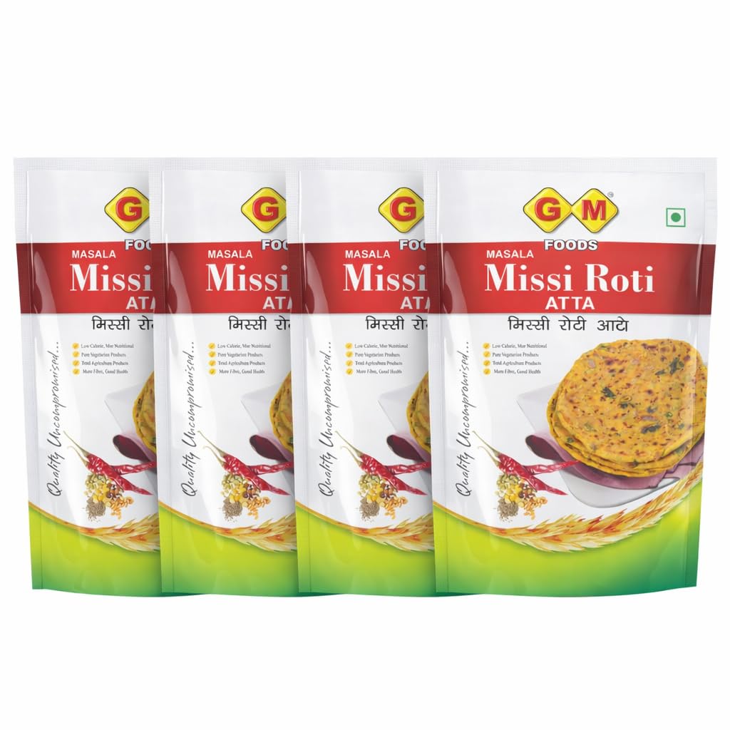 GM Foods Missi Roti Atta 400 Grams (Pack of 4) | Spiced with Indian Seeds & Herbs | Rich in Protein, Vitamins, Minerals & Micronutrients | Healthy and Tasty |