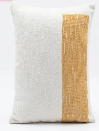 Handmade Cotton Cushion With Wool Panel White And Beige 20x14 Inch Decorative Cushion